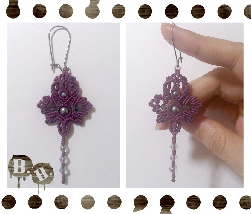 尾長蝶蜂の片耳用キドニーフックピアス【ヘマタイトシルバー】【パープルコード】【ハンドメイドアクセサリー】