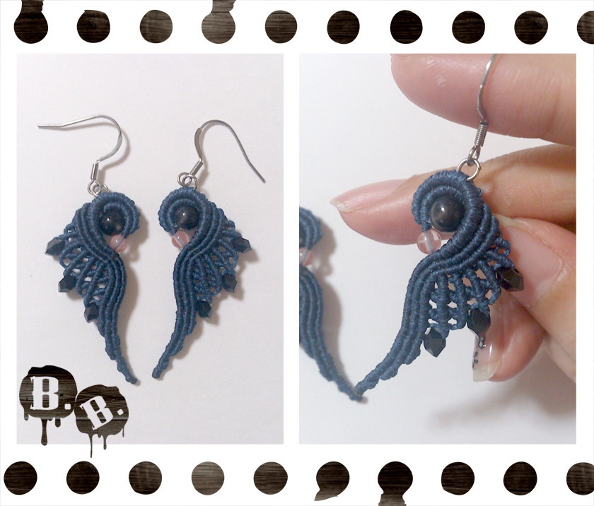 渦翼のピアスセット【ミックスアゲート(ブラック】【ネイビーコード】【ハンドメイドアクセサリー】