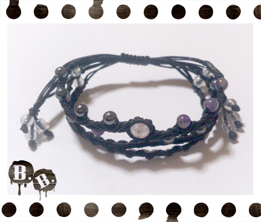 ナロー三連ブレスレット【ローズオーラ】【ブラックコード】【ハンドメイドアクセサリー】