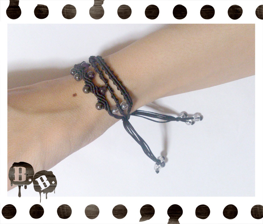ナロー三連ブレスレット【ローズオーラ】【ブラックコード】【ハンドメイドアクセサリー】