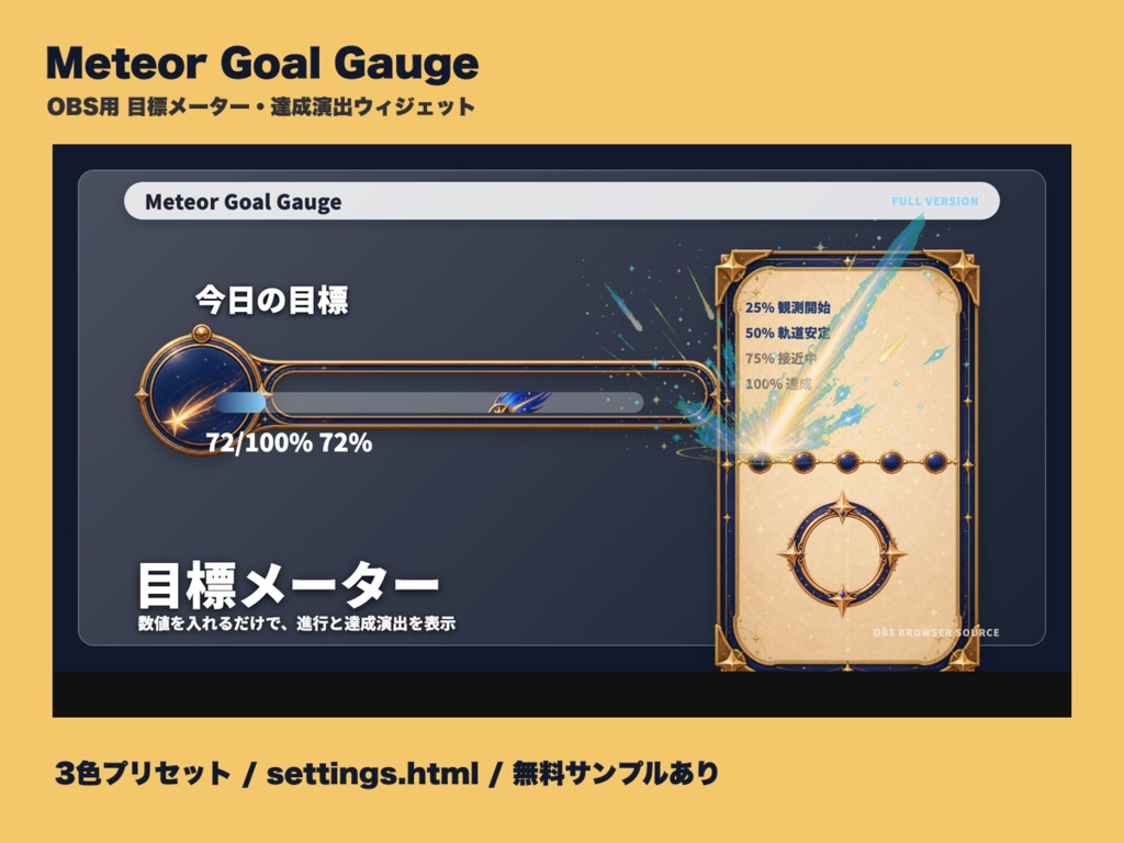 【OBS素材】Meteor Goal Gauge - OBS用 目標メーター・達成演出ウィジェット