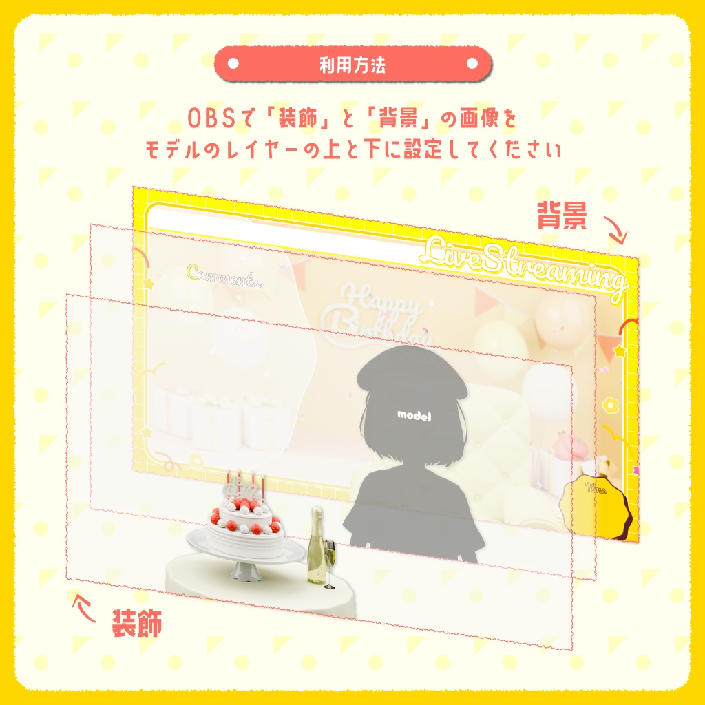 【配信背景/VTuber】お誕生日お祝いセットver.ポップハッピーなお部屋(全3色/パーツ分け済)