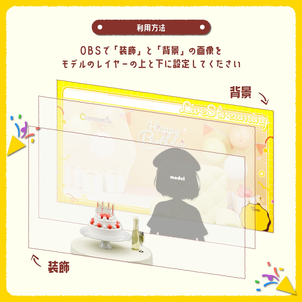 【配信背景/VTuber】お誕生日お祝いセットver.ポップハッピーなお部屋(全3色/パーツ分け済)