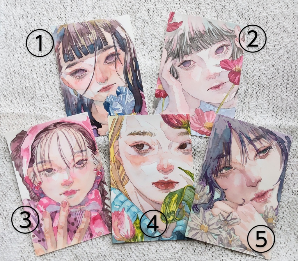 透明水彩原画(少女５種)はがきサイズ