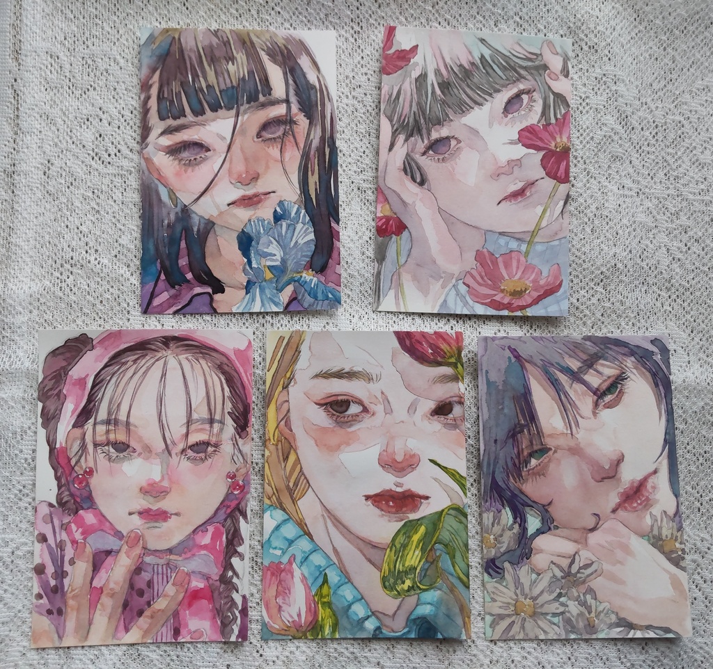 透明水彩原画(少女5種)はがきサイズ