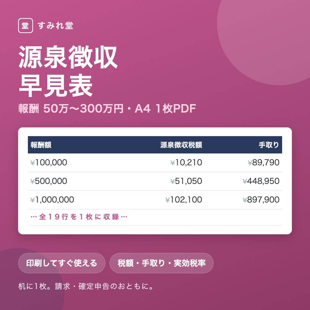 フリーランス源泉徴収早見表【A4 1枚・50万〜300万円対応】