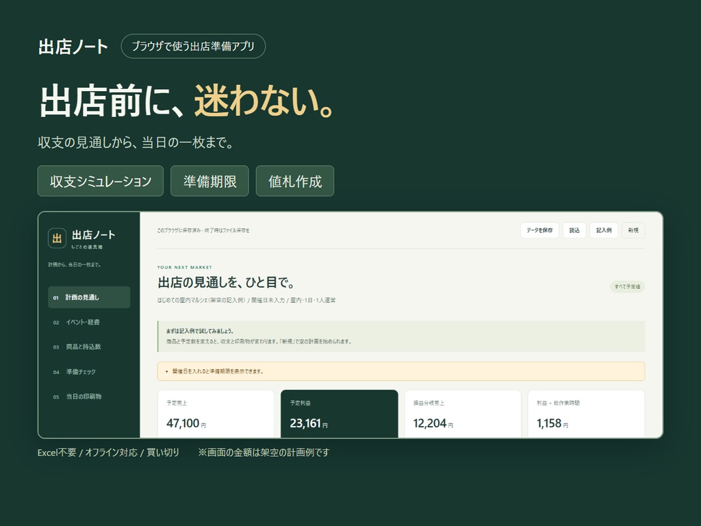 出店ノート｜マルシェの収支計画・準備チェック・値札作成アプリ