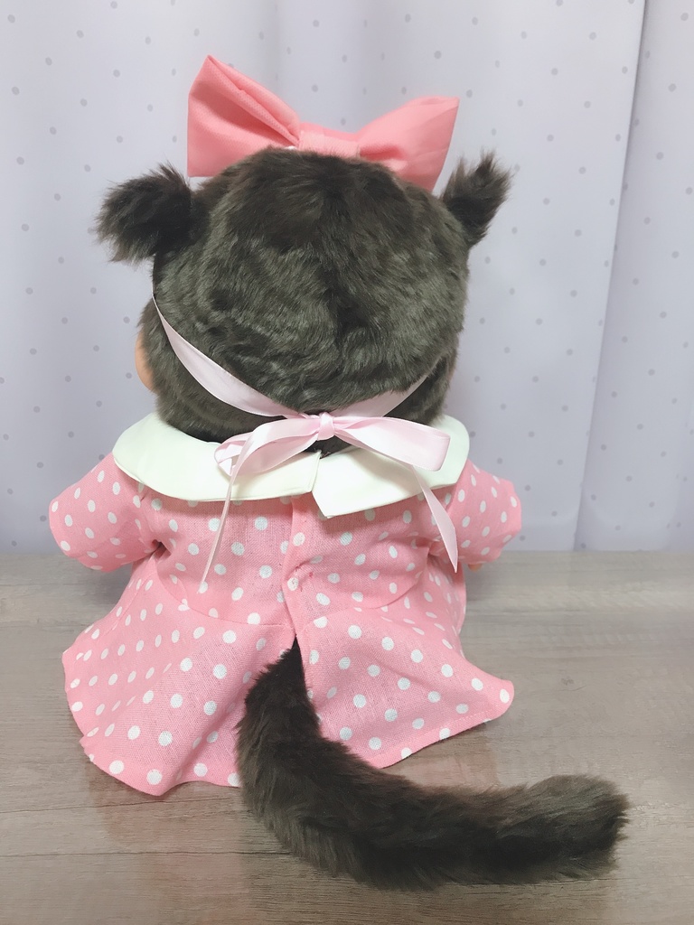 やわらかモンチッチ チムたん 洋服 水玉ピンク ワンピース リボンつき