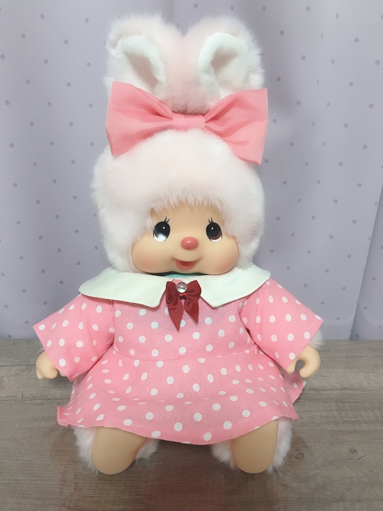 やわらかモンチッチ チムたん 洋服 水玉ピンク ワンピース リボンつき