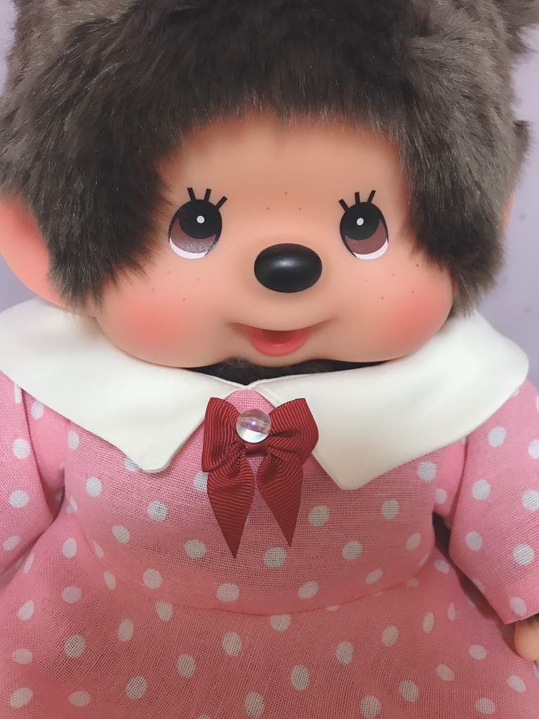 やわらかモンチッチ チムたん 洋服 水玉ピンク ワンピース リボンつき