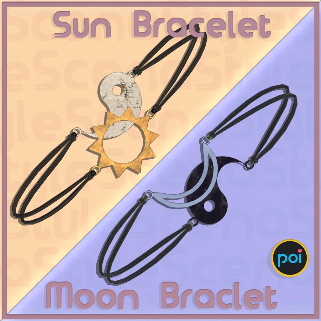 【3Dモデル】Glowing Yin & Yang Sun & Moon Matching Bracelets for VRChat「VRChat用グローイング陰陽太陽月のお揃いブレスレット」