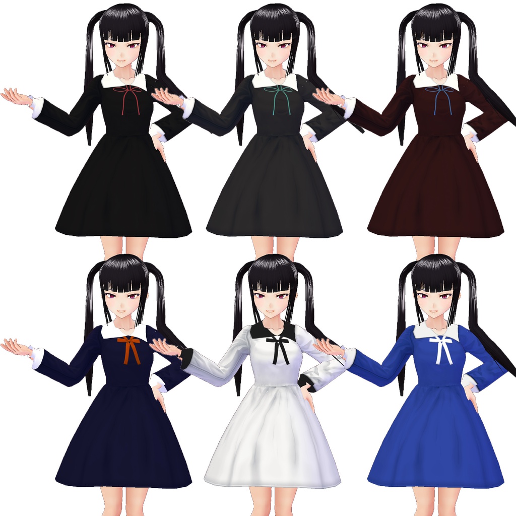 【VRoid】ワンピース制服2種×6色セット(リボン付き)