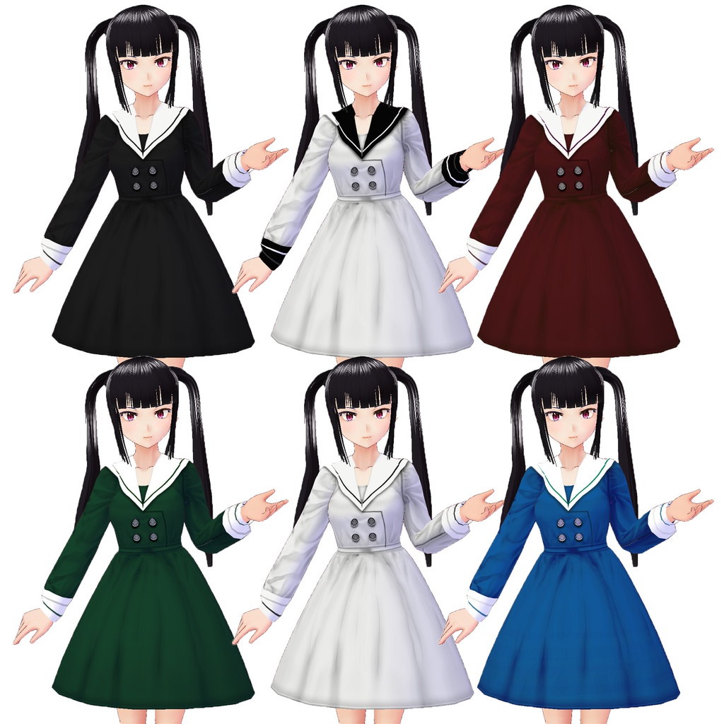 【VRoid】ワンピース制服2種×6色セット(リボン付き)