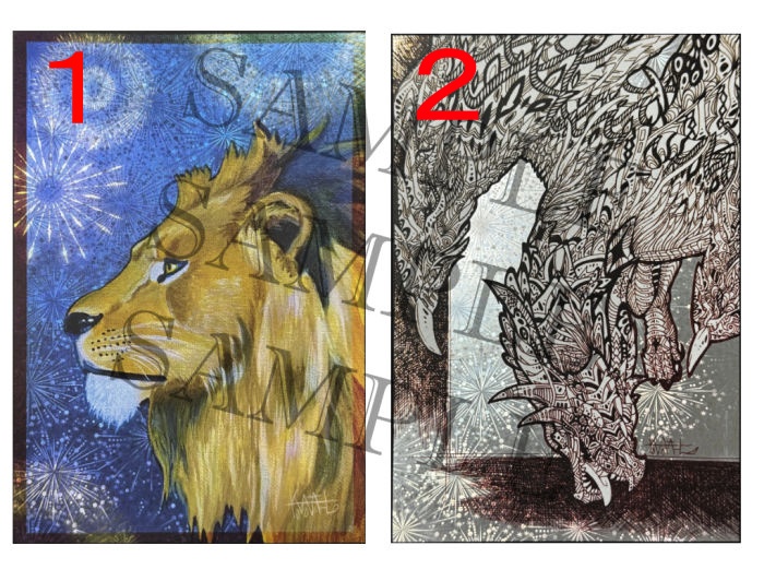 銀箔ホロ ポストカード「ライオン」「ペン画ドラゴン」