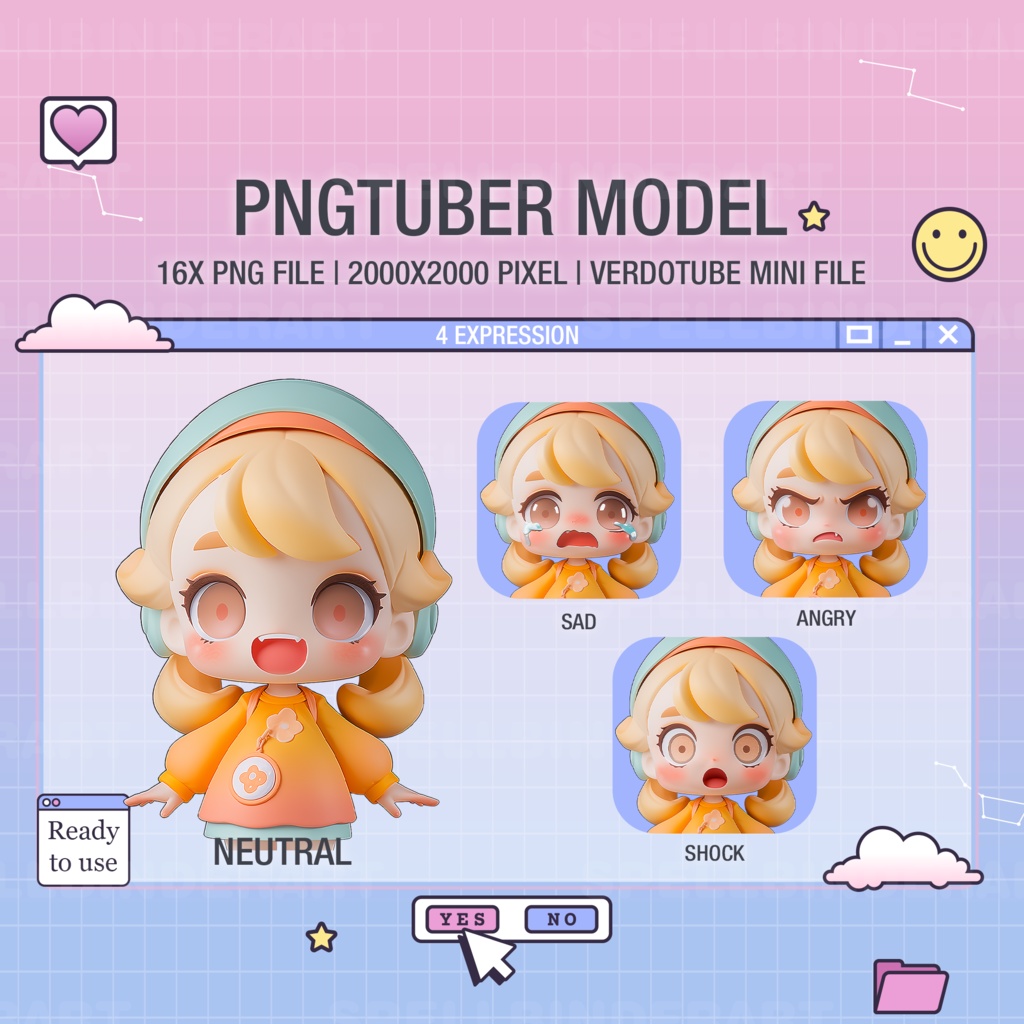4 expression | Charming VTuber Avatar | Cute girl | PNGtuber Cartoon | 4 Emotions | Instant Digital Download | Streamer Asset