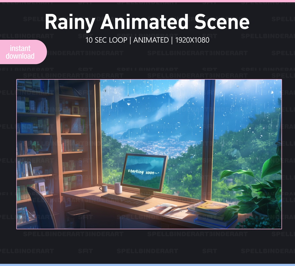 Rain Twitch Screens | 4 Animated VTuber Backgrounds | Rainy | Digital download | Stream Starting | Be Right Back | Stream Ending | Offline