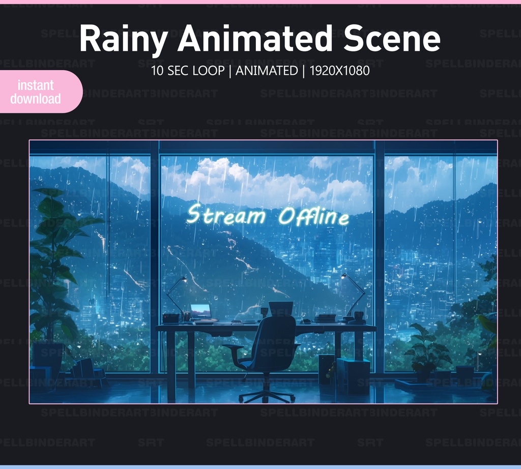 Rain Twitch Screens | 4 Animated VTuber Backgrounds | Rainy | Digital download | Stream Starting | Be Right Back | Stream Ending | Offline