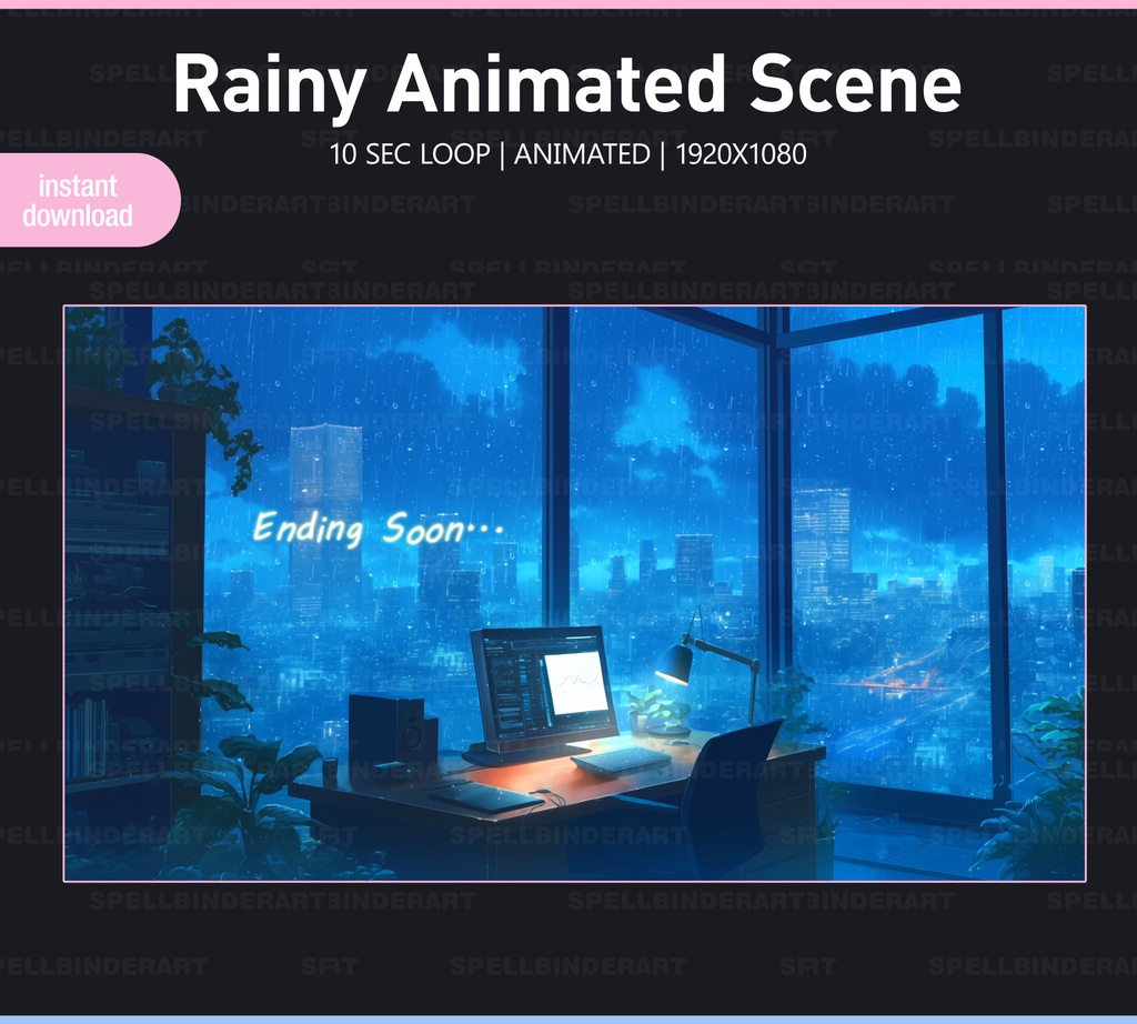 Rain Twitch Screens | 4 Animated VTuber Backgrounds | Rainy | Digital download | Stream Starting | Be Right Back | Stream Ending | Offline