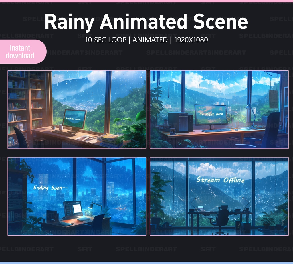 Rain Twitch Screens | 4 Animated VTuber Backgrounds | Rainy | Digital download | Stream Starting | Be Right Back | Stream Ending | Offline