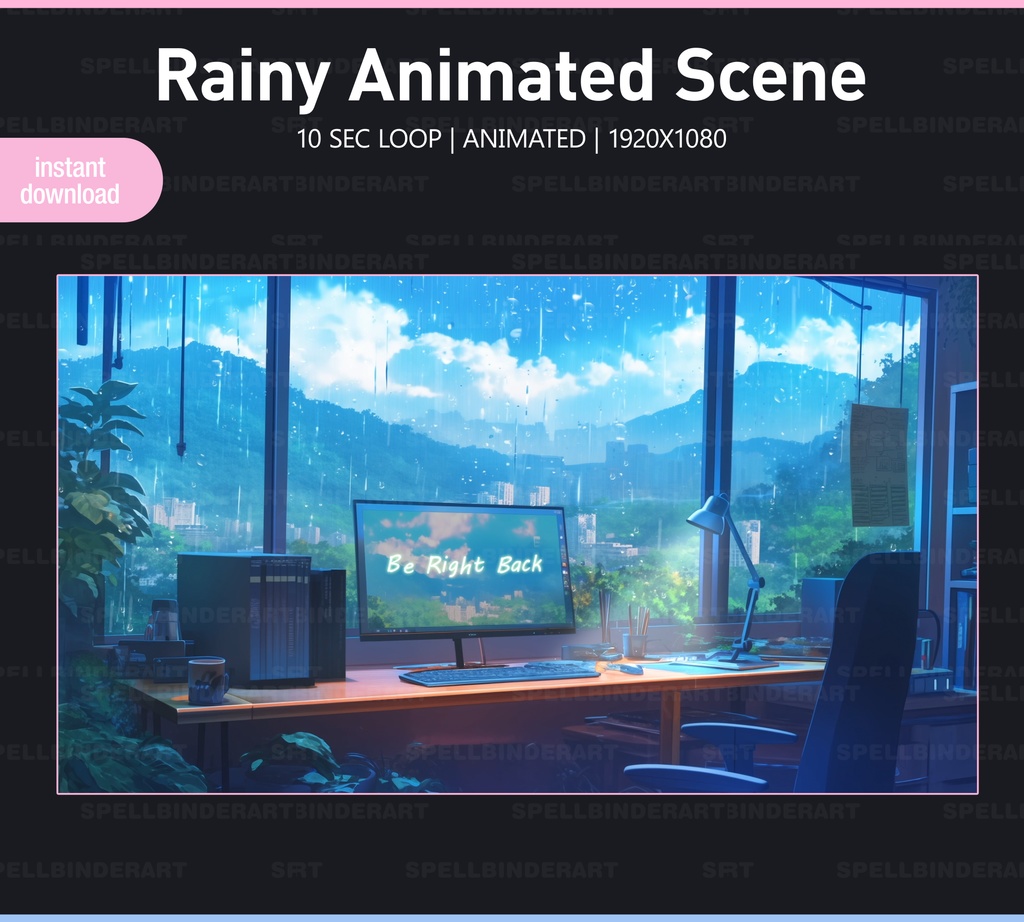 Rain Twitch Screens | 4 Animated VTuber Backgrounds | Rainy | Digital download | Stream Starting | Be Right Back | Stream Ending | Offline