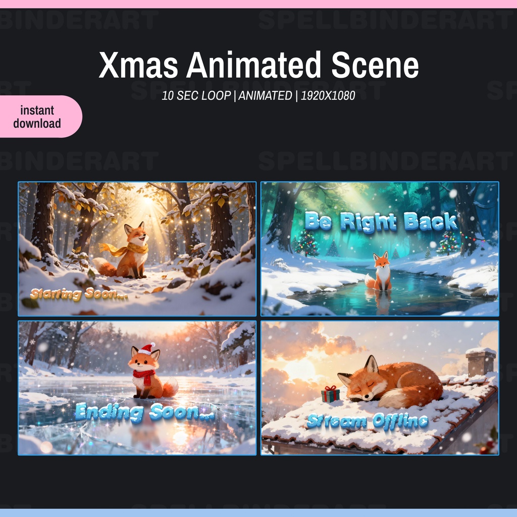 Christmas Animated Fox Stream Screens | 10 Sec Loop | 4 Animated VTuber Backgrounds | Starting Soon Be Right Back Ending Offline