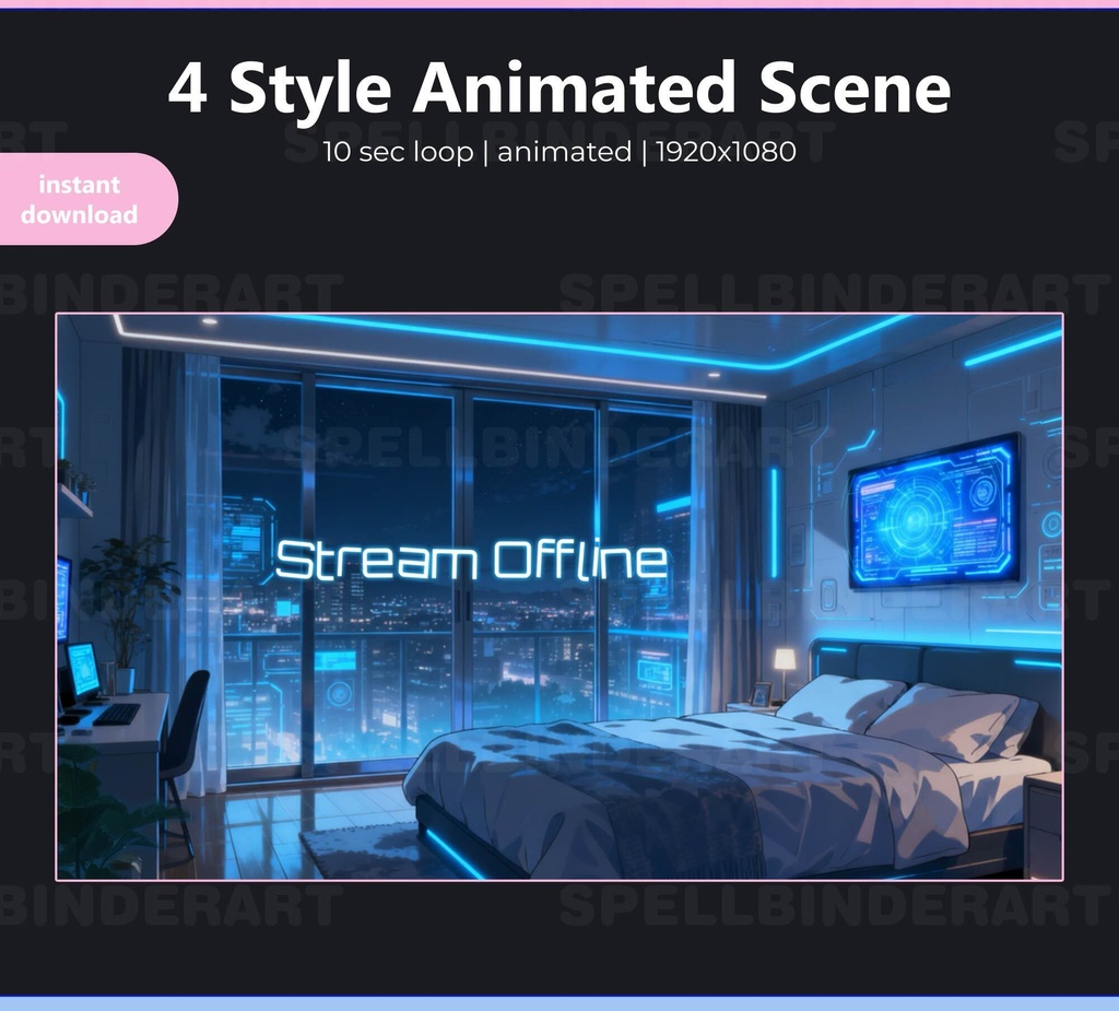 Animated Cyber Bedroom Stream Screens | Futuristic Anime Style (Digital Download)
