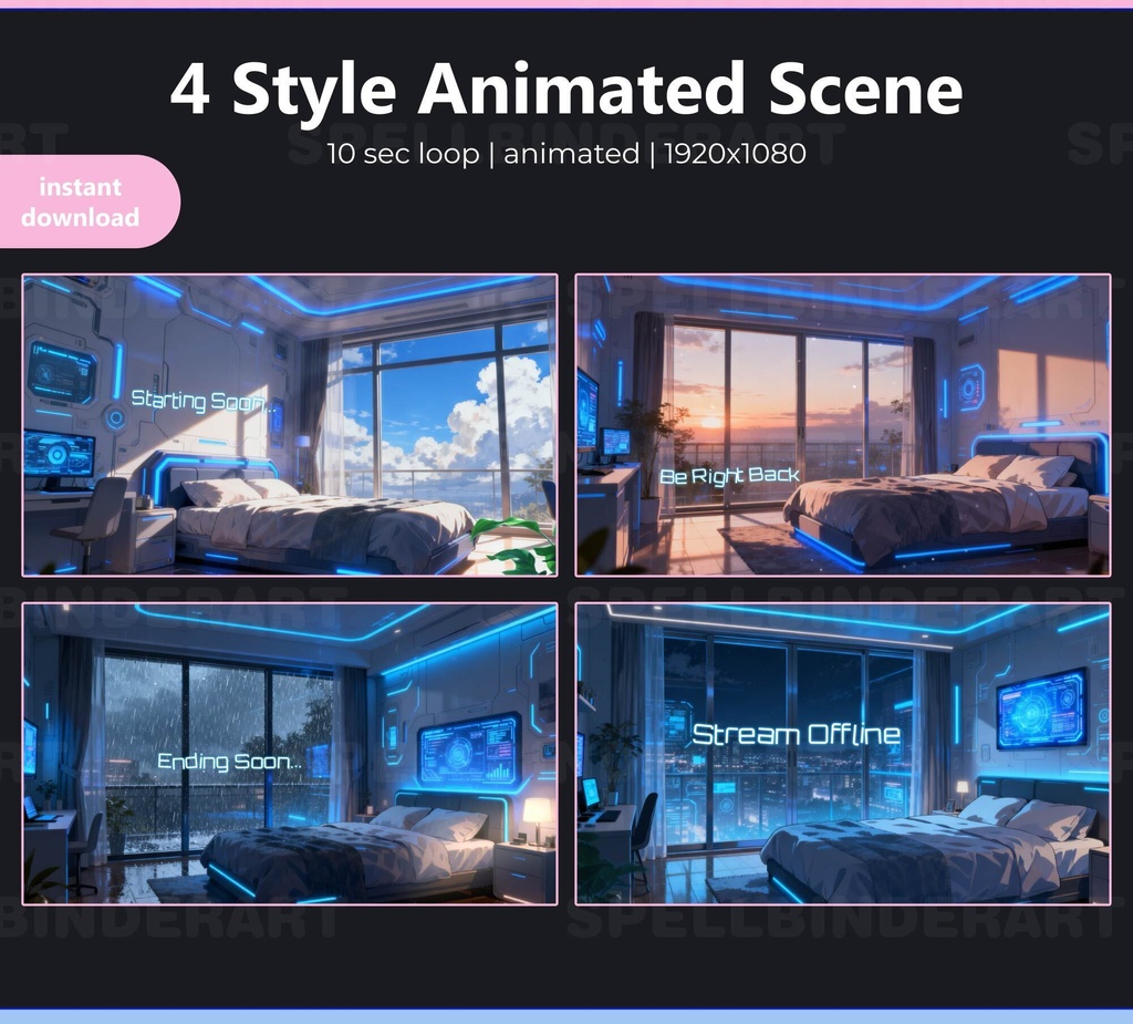 Animated Cyber Bedroom Stream Screens | Futuristic Anime Style (Digital Download)