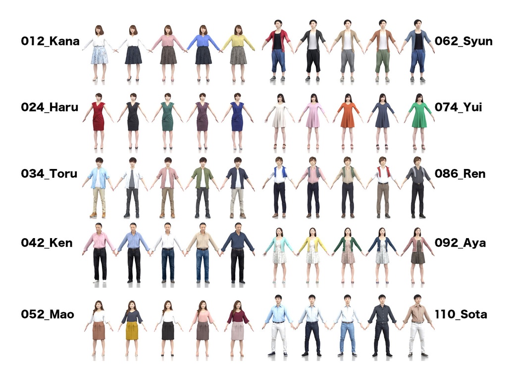 3D人モデルAポーズ10体セット Apose-set-005