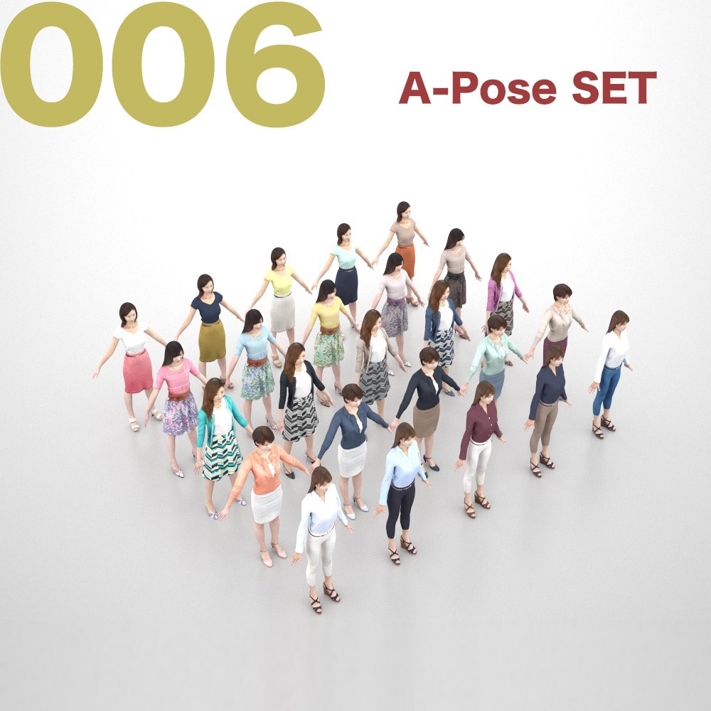 3D人モデルAポーズ5体セット　Apose-set-006