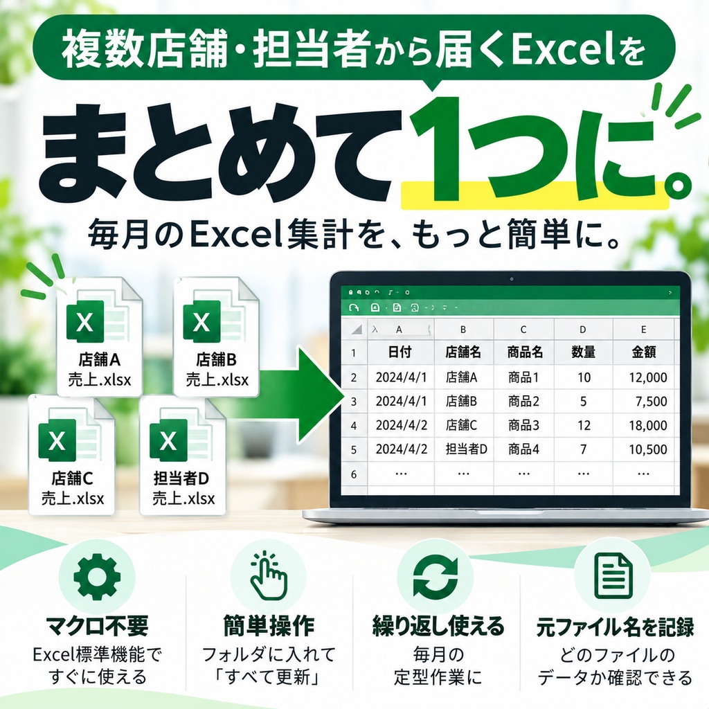 Excelファイル一括おまとめツール｜複数店舗・担当者のExcelを簡単結合【マクロ不要】