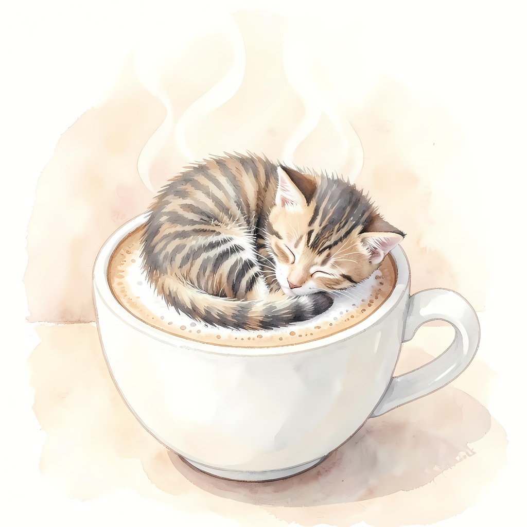 「ほっと一息、カフェラテ子猫のデジタル壁紙・アイコン」