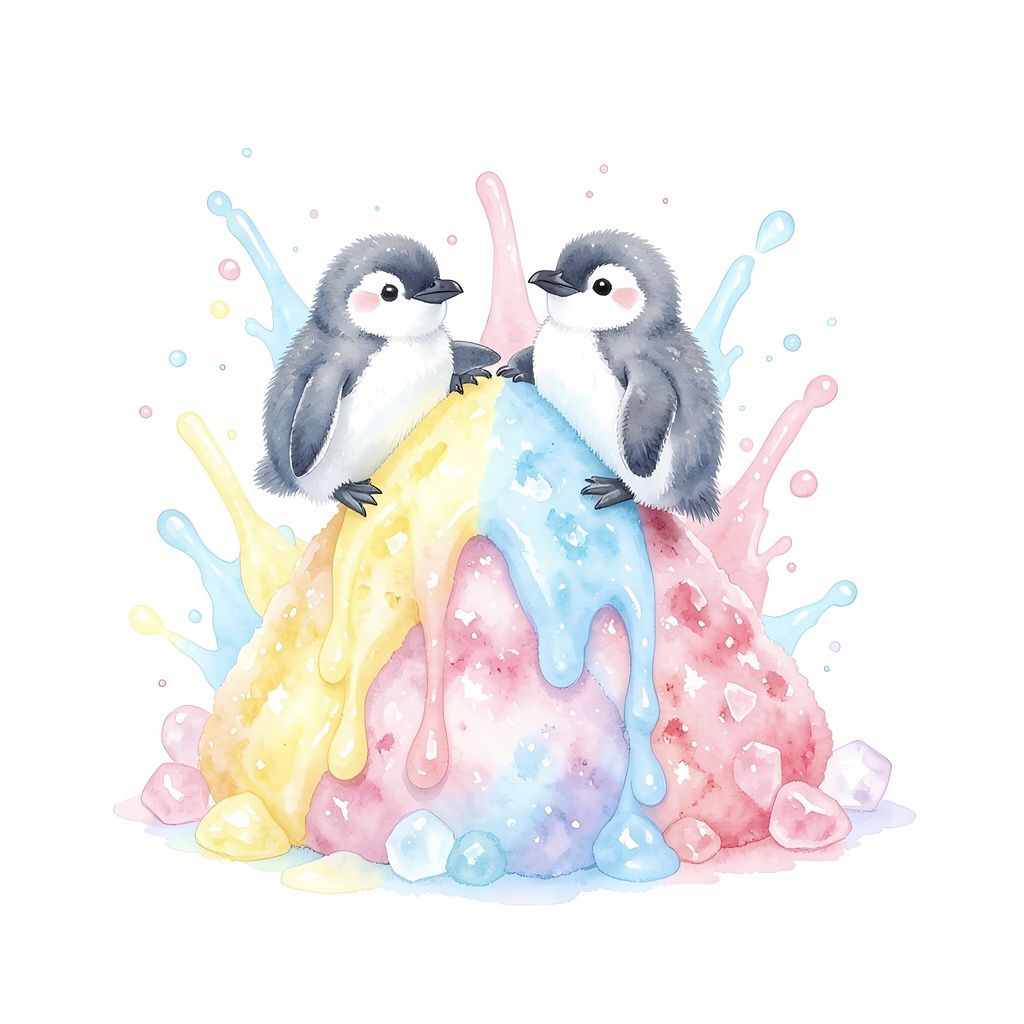 ひんやり、きゅん。恋するかき氷とふたごペンギンのデジタルマルチ壁紙｜高画質イラスト素材・JPEG
