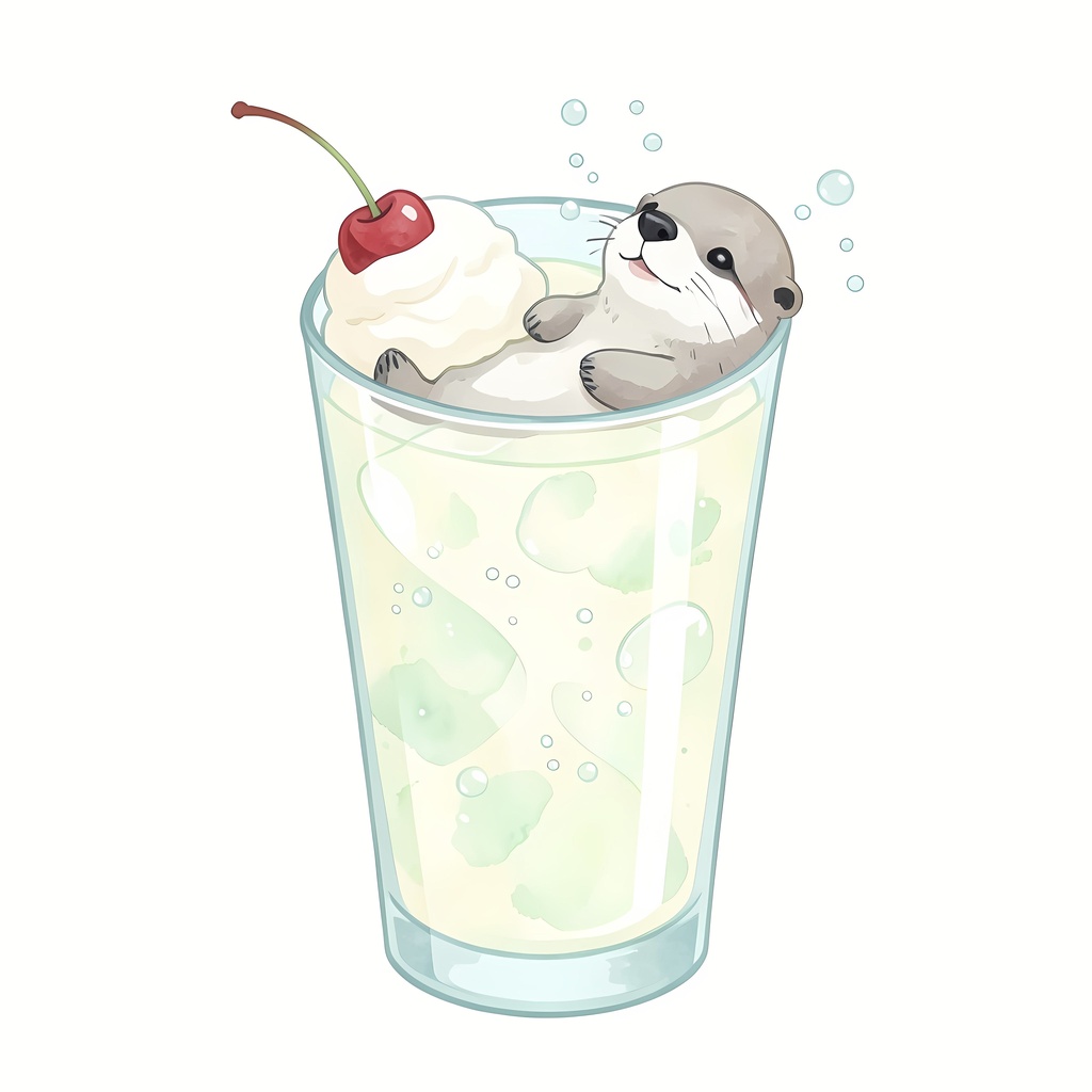 【SNSアイコン・壁紙】ぷかぷかカワウソのクリームソーダ【デジタルイラスト素材】