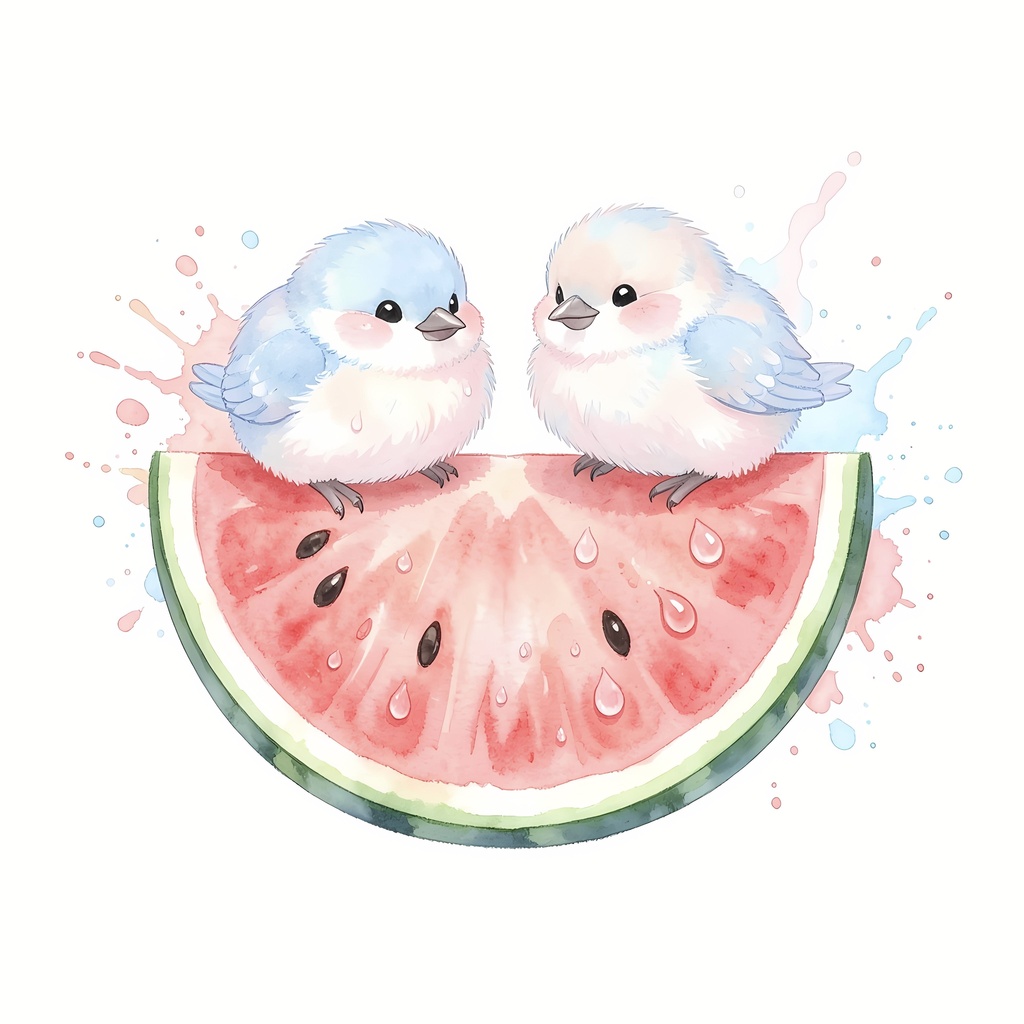 【SNSペアアイコン】すいかとモフモフ小鳥のイラスト素材【SNS壁紙・アイコン】