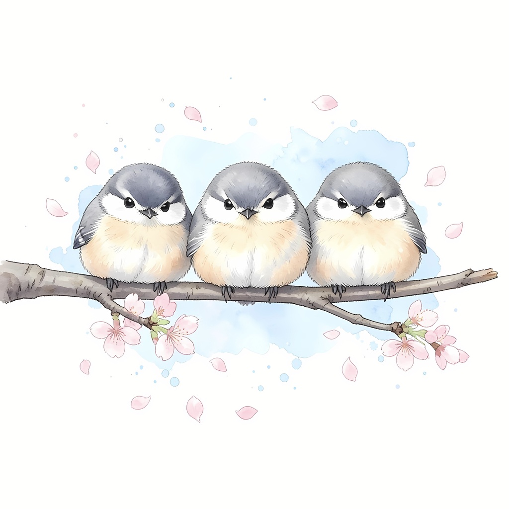 【壁紙・ヘッダー】桜とモフモフ3羽の小鳥イラスト素材【春の癒やしデジタル素材】