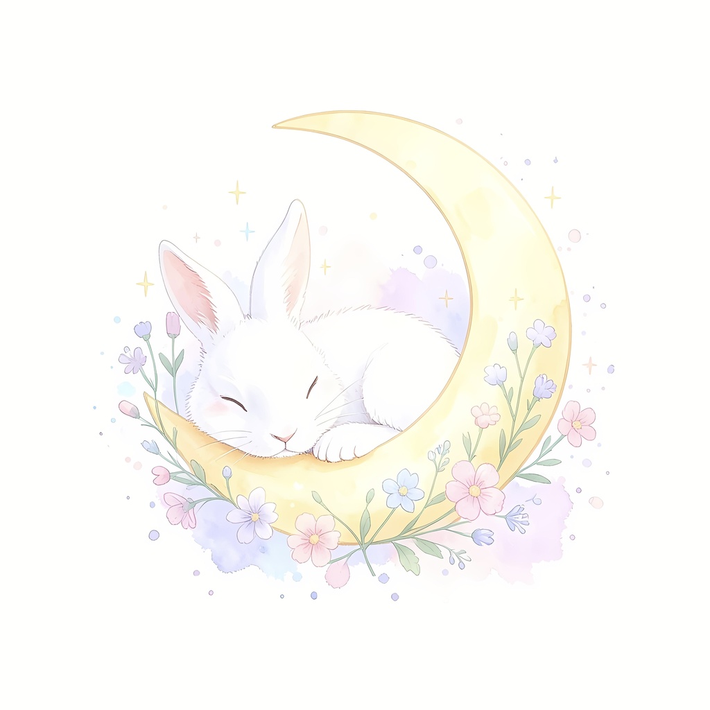 【壁紙】月眠るうさぎと星くずの花園【癒やしの待ち受け・デジタルイラスト】