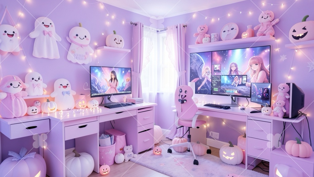 【配信背景/TRPG】ゆめかわゲーム女子のハロウィン部屋・ゲーミングルーム 5種セット(16:9)