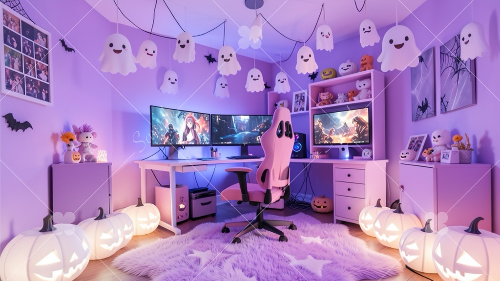 【配信背景/TRPG】ゆめかわゲーム女子のハロウィン部屋・ゲーミングルーム 5種セット(16:9)