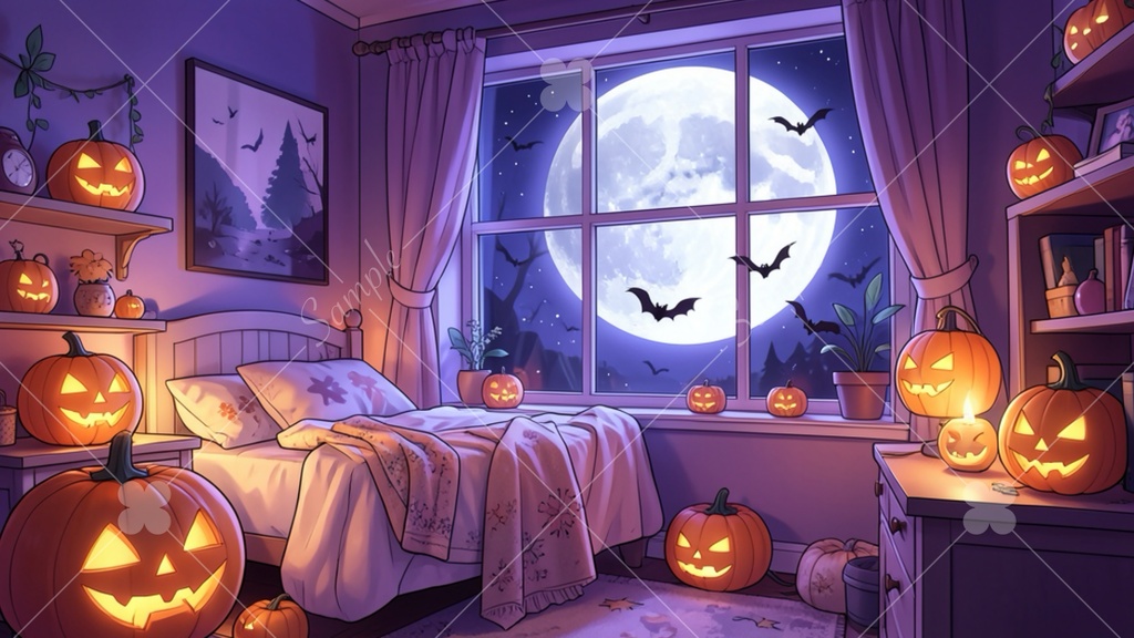 【配信背景/TRPG】ゆめかわゲーム女子のハロウィン部屋・ゲーミングルーム 5種セット(16:9)