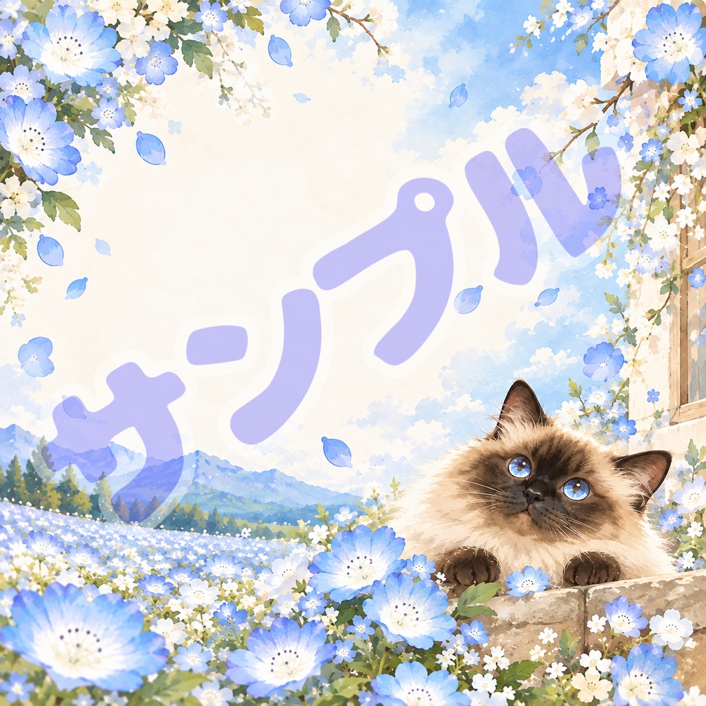 【印刷して使える】ネモフィラと猫ちゃんのメモ用紙|全6種類・約9.5×9.5cm|PDF・デジタル素材
