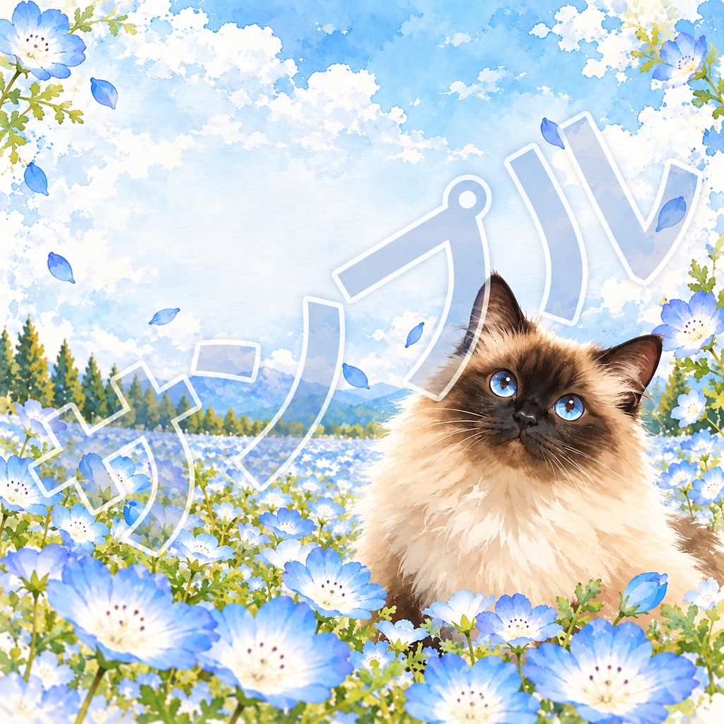 【印刷して使える】ネモフィラと猫ちゃんのメモ用紙|全6種類・約9.5×9.5cm|PDF・デジタル素材