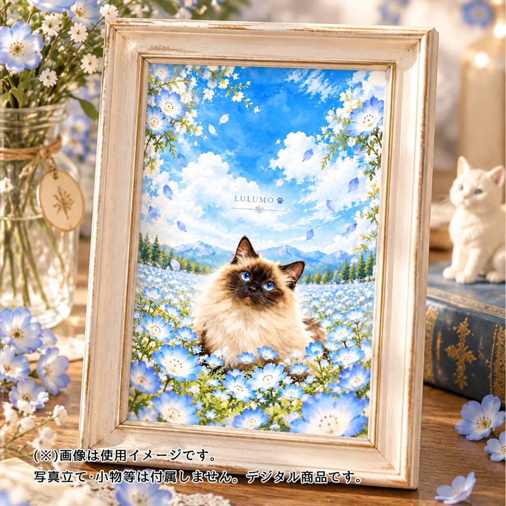 【印刷用PDF】猫と花のポストカード 3柄セット|金木犀・ネモフィラ・桜|LULUMO