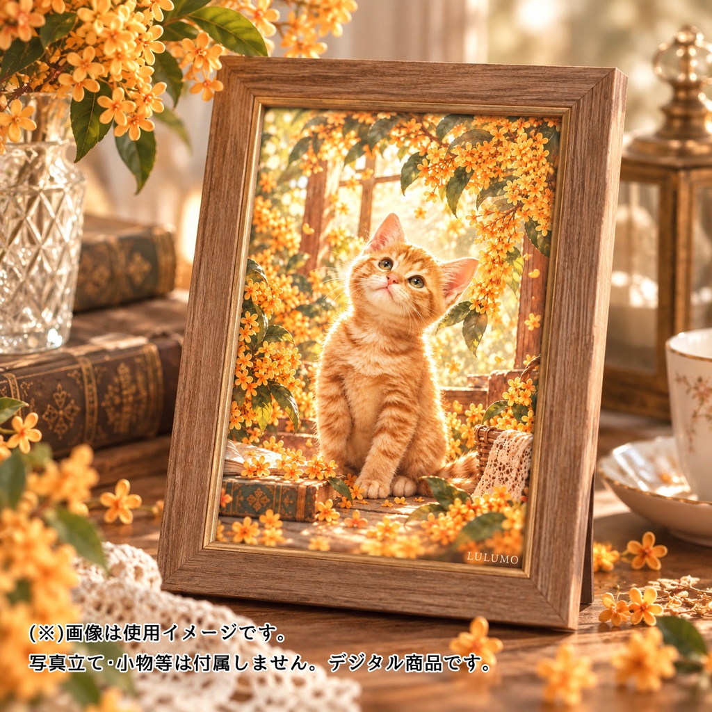 【印刷用PDF】猫と花のポストカード 3柄セット|金木犀・ネモフィラ・桜|LULUMO