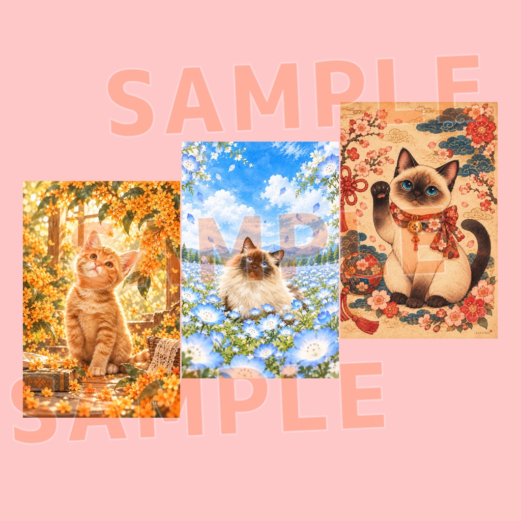 【印刷用PDF】猫と花のポストカード 3柄セット|金木犀・ネモフィラ・桜|LULUMO