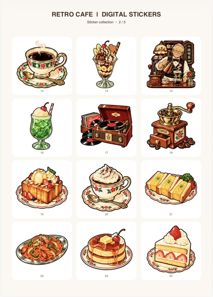 昭和レトロ喫茶と猫ちゃん|デジタルステッカー26種|Retro Japanese Café & Cats Digital Stickers