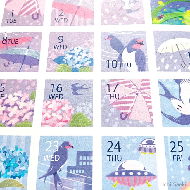 2021年6月の梅雨とツバメの日付シート(3点×2サイズ)