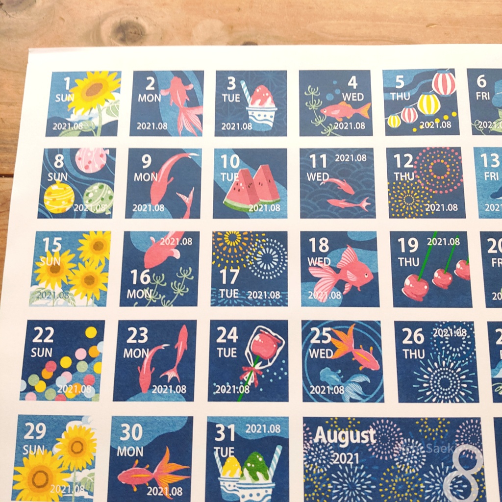 2021年8月の夏祭りっぽい日付シート(3点×2サイズセット)