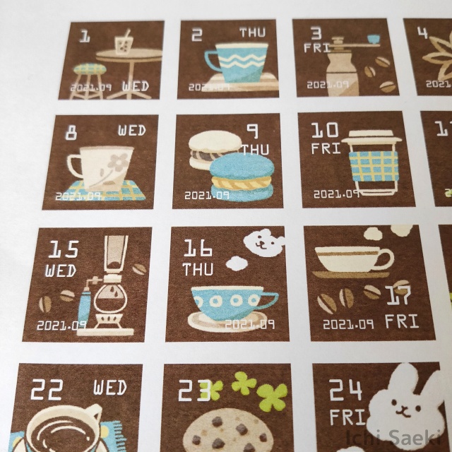 2021年9月のカフェな日付シート(3点×2サイズセット)