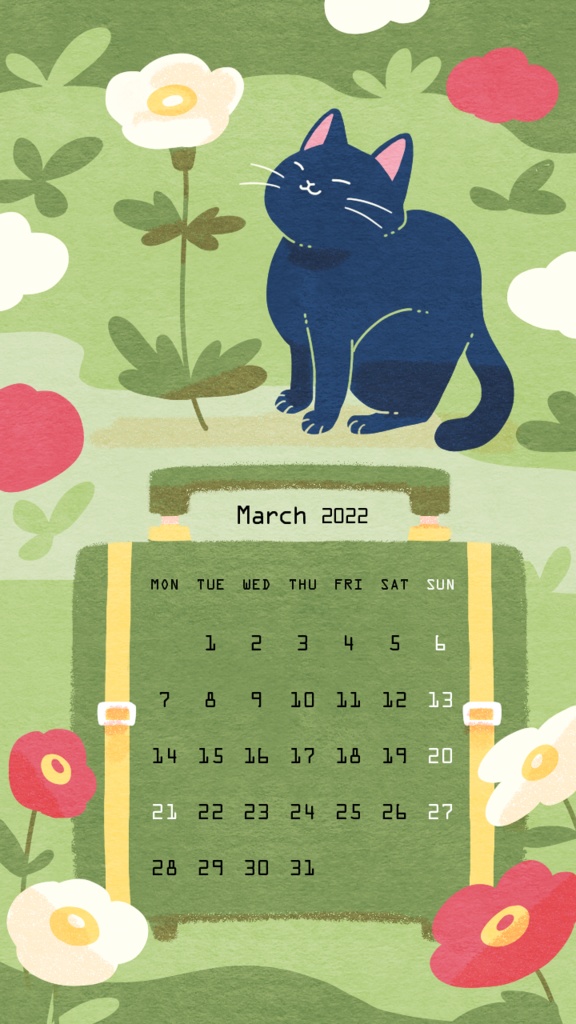 2022年3月の春が来た猫と花の日付シート