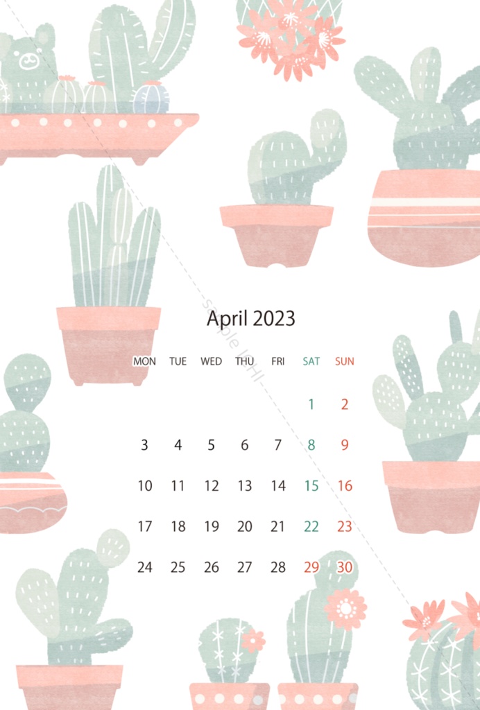 【有料版】2023年4月のサボテンと鉢植えの日付シート